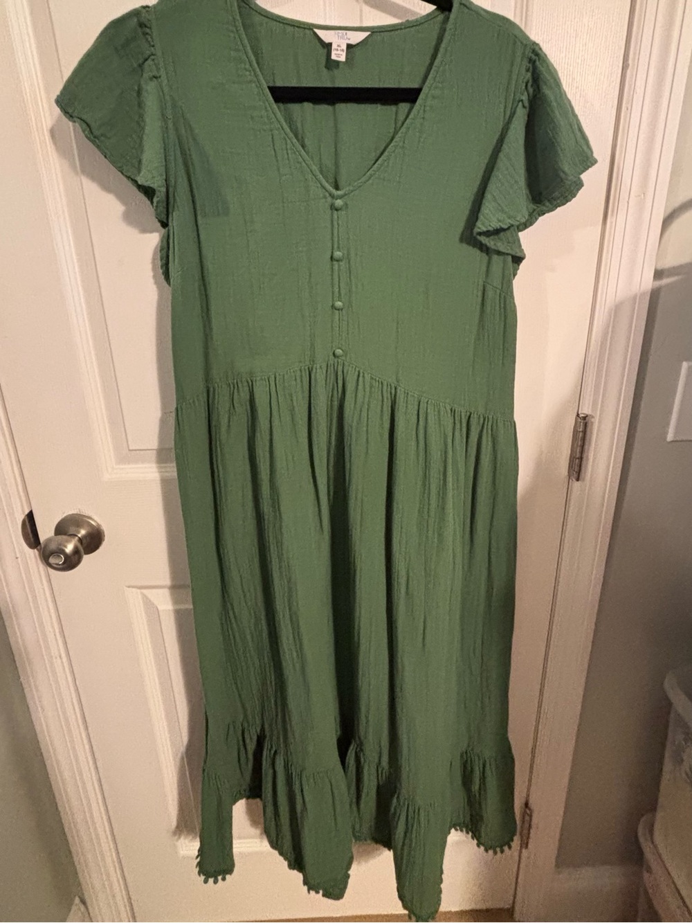 😍%100 Cotton Green V-Neck Button Front Midi Dress